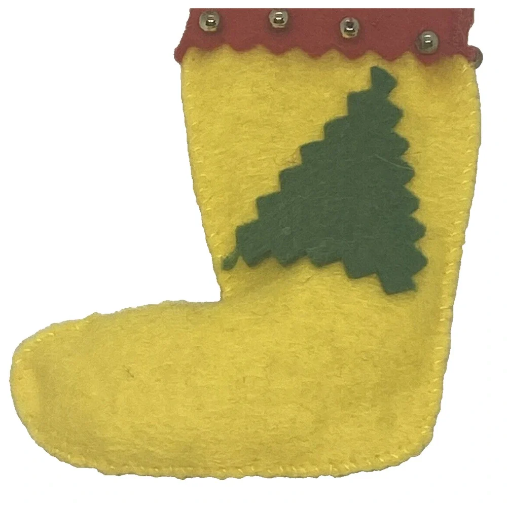 Vintage Christmas Stocking 3 1/2” Felt Yellow Red Green Beads Tree Holiday Gift